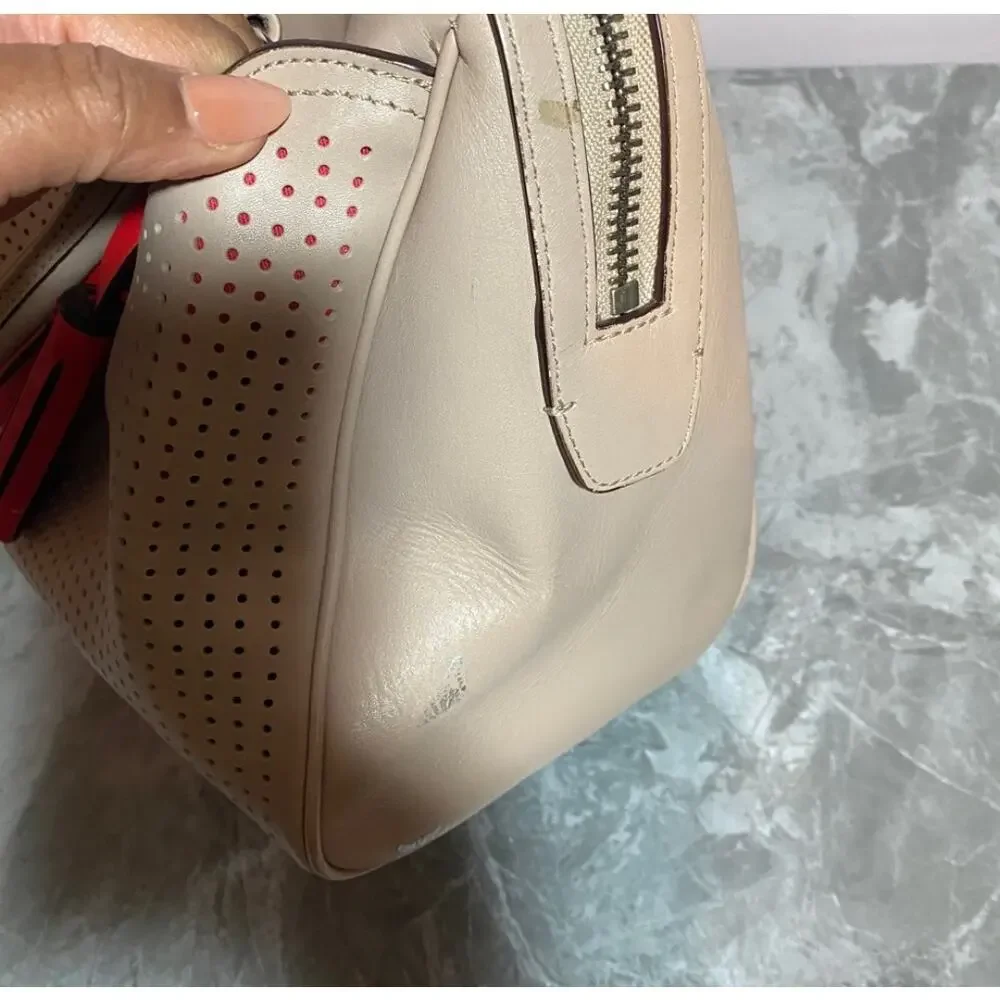 Coach Haley Light Nude Perforated Leather Top Handles Zipper Satchel Bag